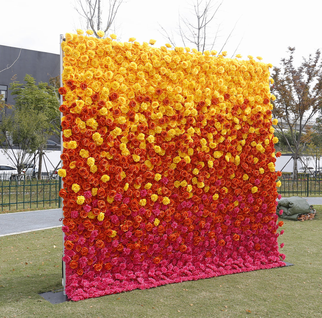 Gradient Orange And Red Roses, 5D, Fabric Backing Artificial Flower Wall