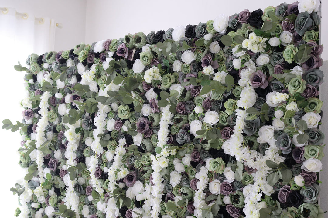 Green And Purple And White Roses With Green Leaves, Artificial Flower Wall Backdrop