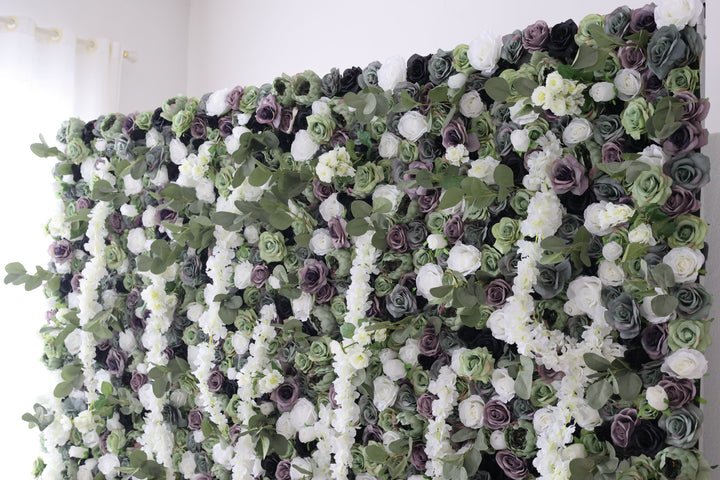 Green And Purple And White Roses With Green Leaves, Artificial Flower Wall Backdrop