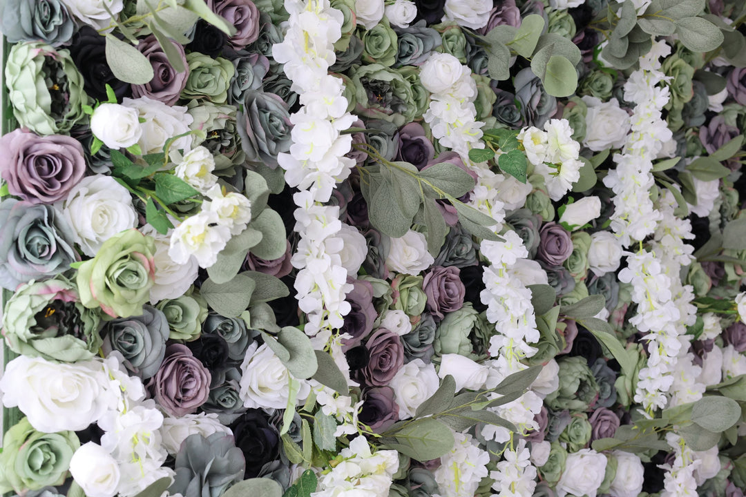 Green And Purple And White Roses With Green Leaves, Artificial Flower Wall Backdrop