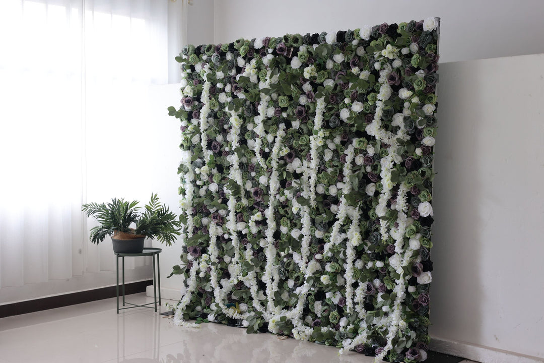 Green And Purple And White Roses With Green Leaves, Artificial Flower Wall Backdrop