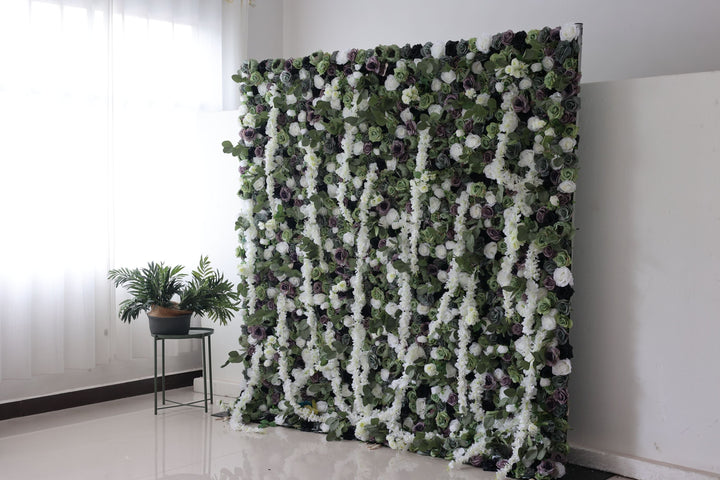 Green And Purple And White Roses With Green Leaves, Artificial Flower Wall Backdrop