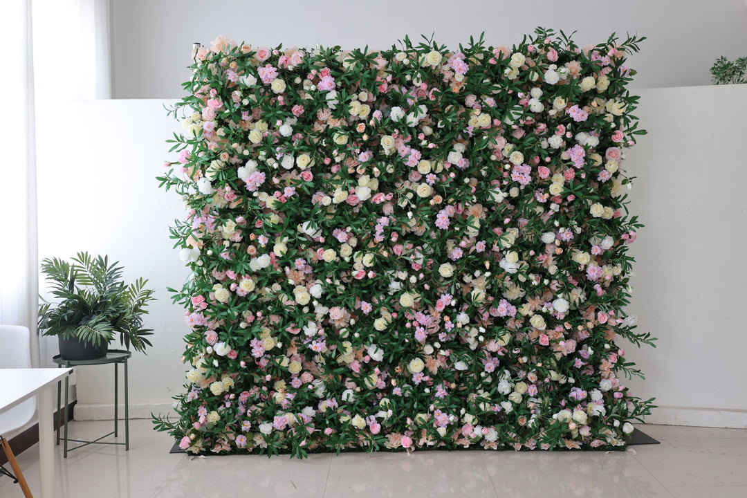 Light Yellow And Pink Roses And Hydrangeas And Green Leaves, Artificial Flower Wall Backdrop