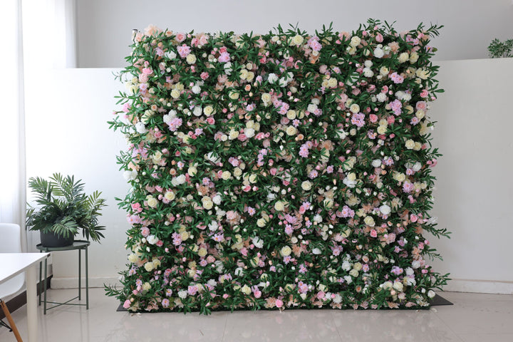 Light Yellow And Pink Roses And Hydrangeas And Green Leaves, Artificial Flower Wall Backdrop