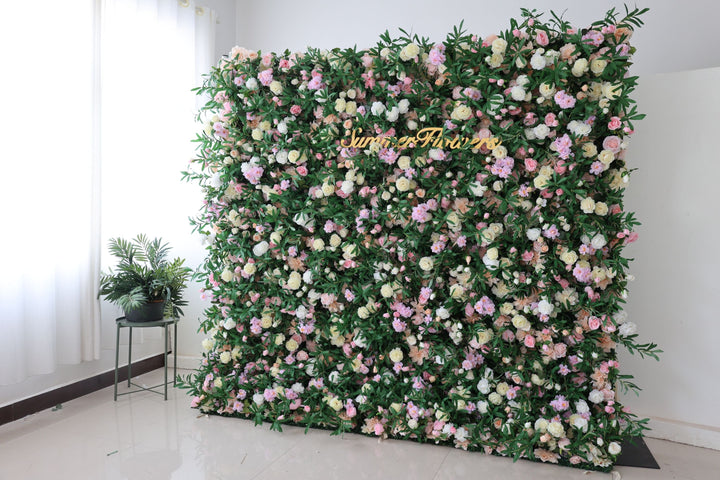 Light Yellow And Pink Roses And Hydrangeas And Green Leaves, Artificial Flower Wall Backdrop