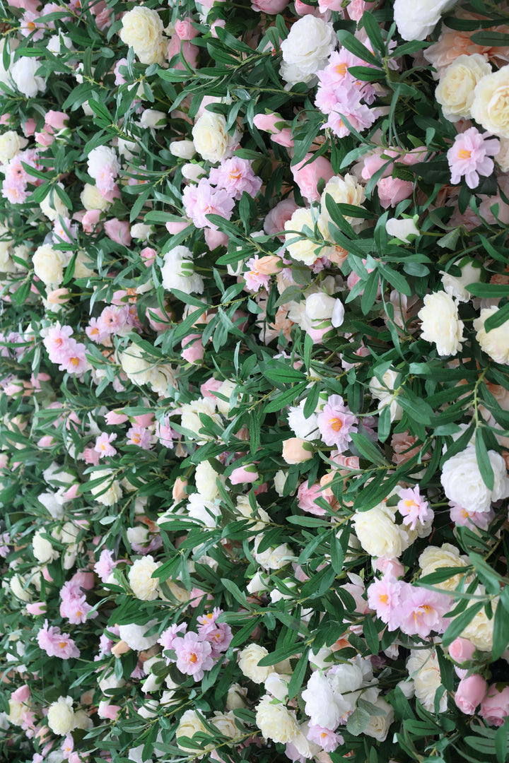 Light Yellow And Pink Roses And Hydrangeas And Green Leaves, Artificial Flower Wall Backdrop