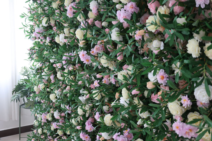 Light Yellow And Pink Roses And Hydrangeas And Green Leaves, Artificial Flower Wall Backdrop
