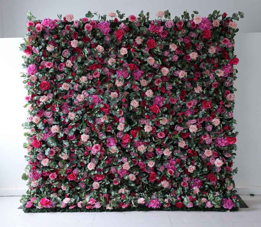 Magenta And Purple Roses With Eucalyptus Leaves, 5D, Artificial Flower Wall