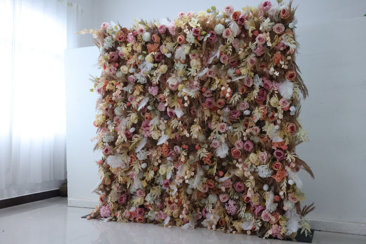 Mixed Colors Rose And White Feather, Reed Pampas Grass, Artificial Flower Wall Backdrop