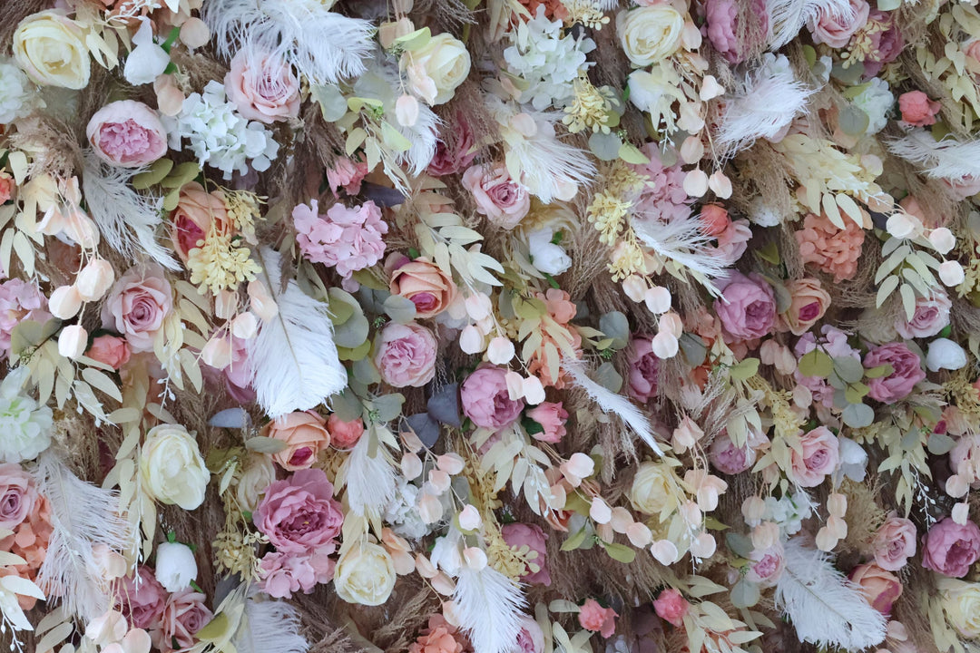 Mixed Colors Rose And White Feather, Reed Pampas Grass, Artificial Flower Wall Backdrop