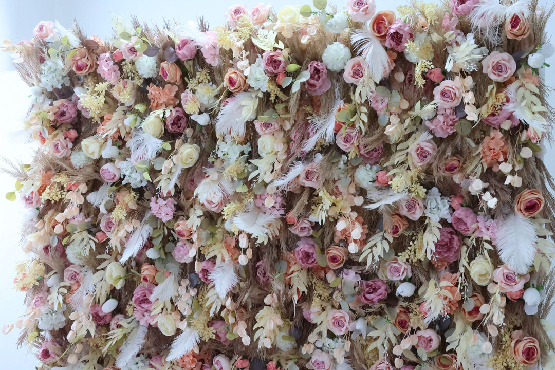 Mixed Colors Rose And White Feather, Reed Pampas Grass, Artificial Flower Wall Backdrop