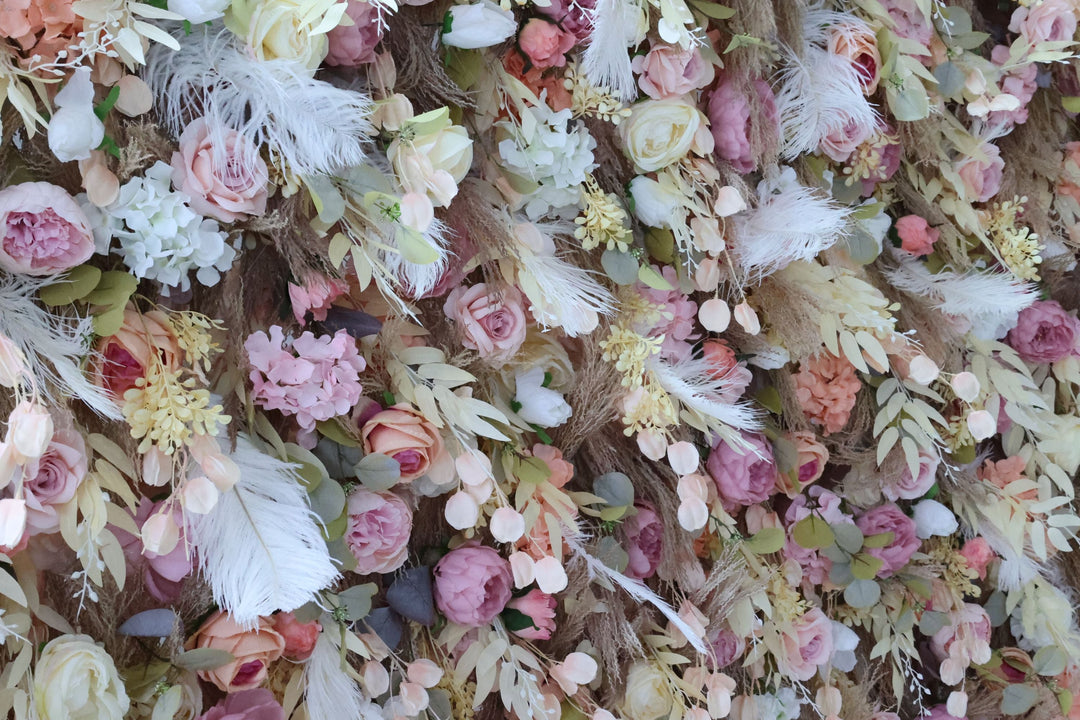 Mixed Colors Rose And White Feather, Reed Pampas Grass, Artificial Flower Wall Backdrop