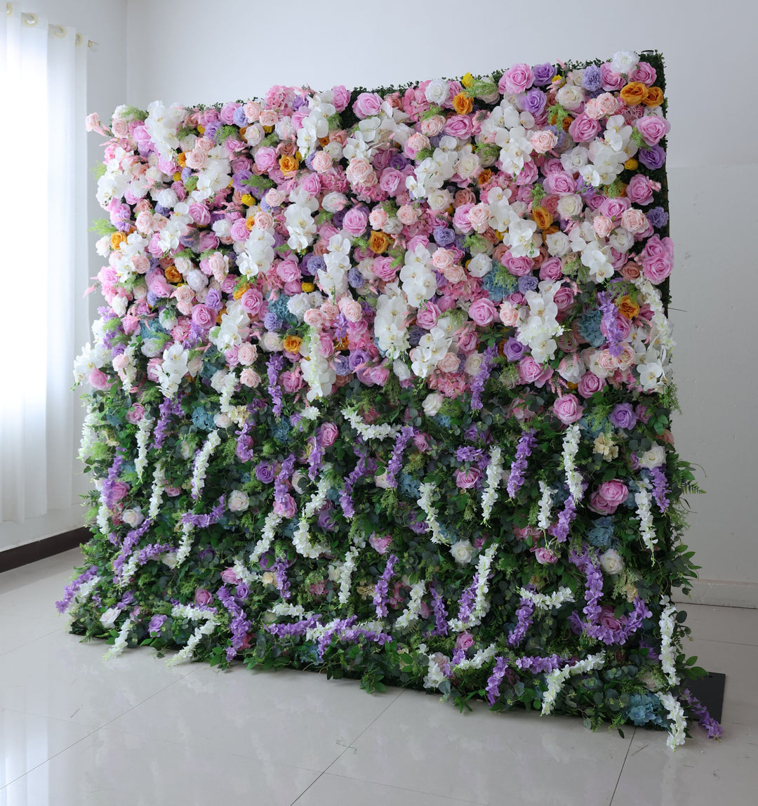 Mixed Flowers In Purple With Vine Gradient, 5D, Fabric Backing Artificial Flower Wall