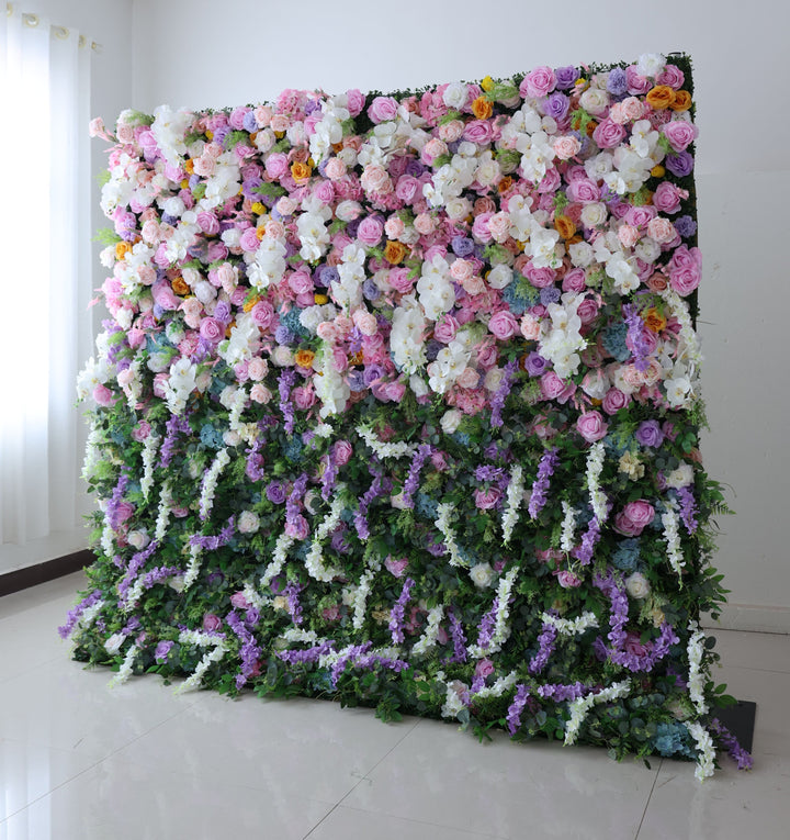 Mixed Flowers In Purple With Vine Gradient, 5D, Fabric Backing Artificial Flower Wall