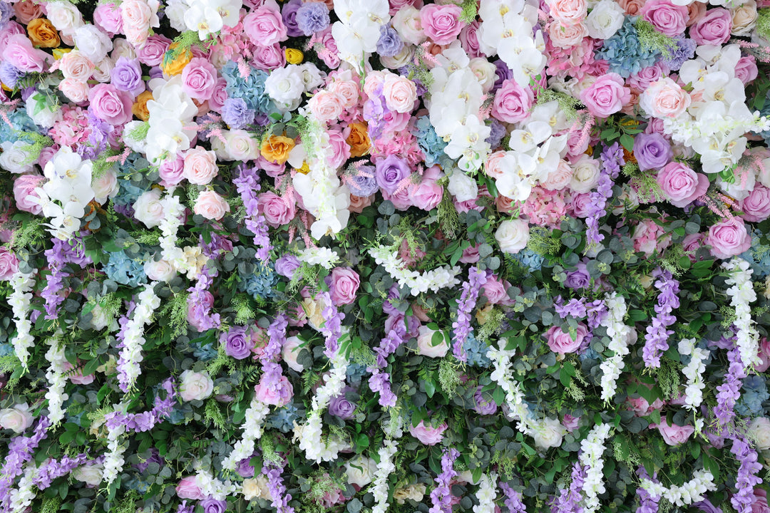 Mixed Flowers In Purple With Vine Gradient, 5D, Fabric Backing Artificial Flower Wall