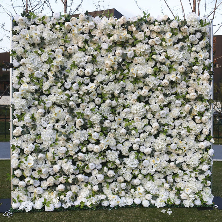 White Peonies Hydrangea Green Leaves, Artificial Flower Wall, Wedding Party Backdrop