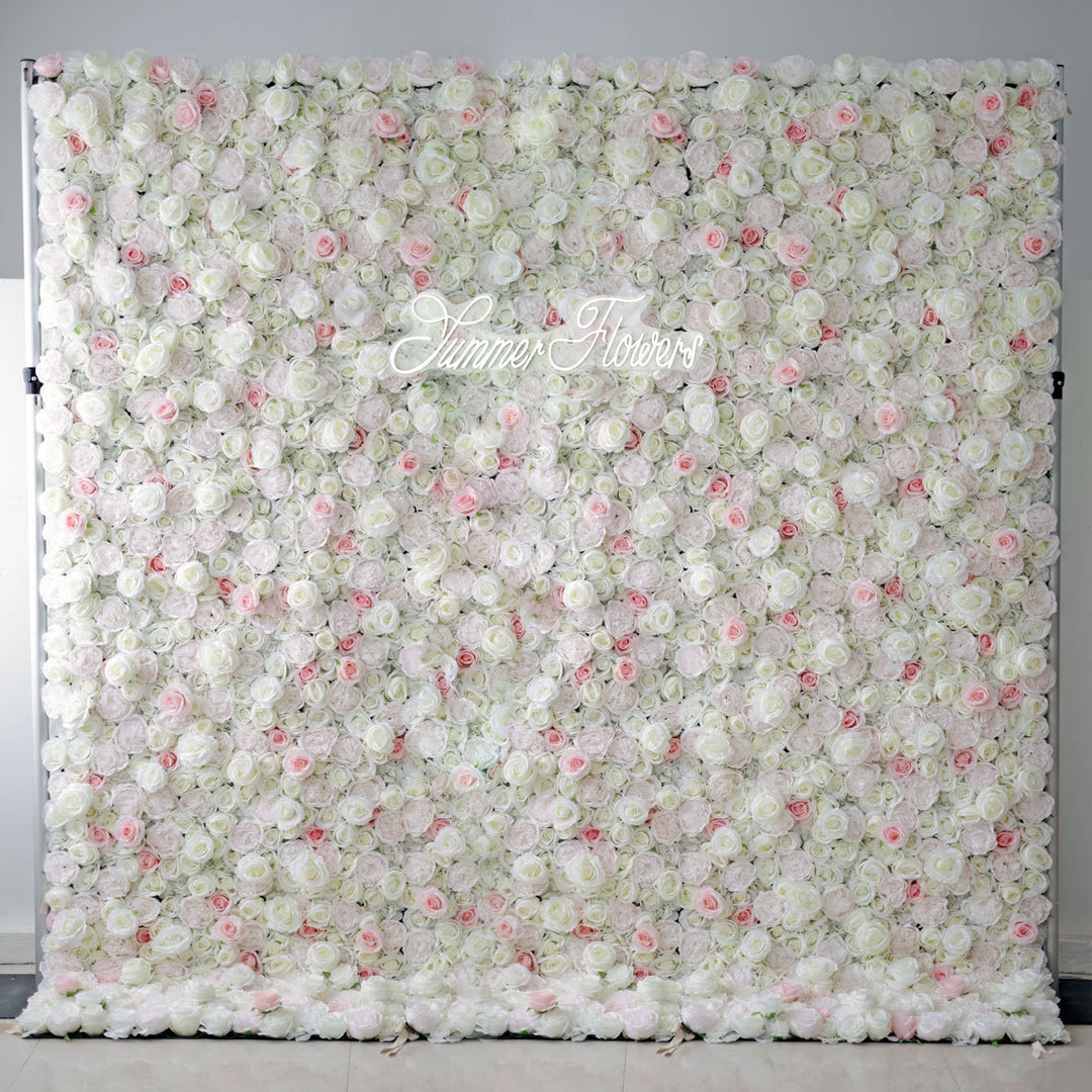 Luxury White Roses Light Pink Roses 5D, Fabric Backing, Artificial Flower Wall Backdrop
