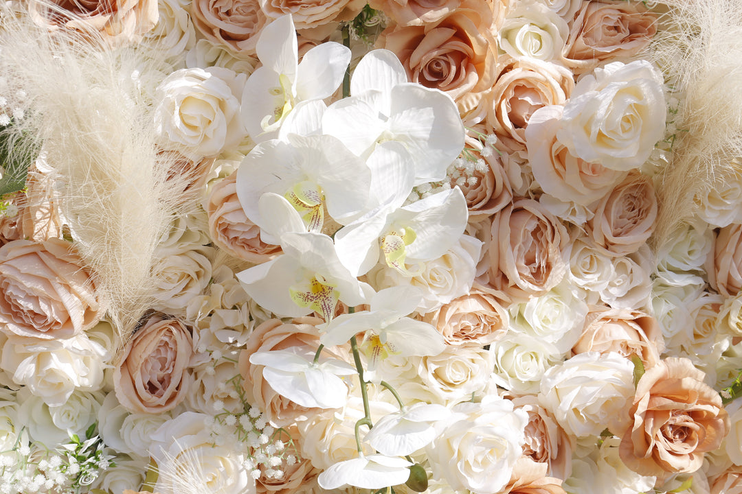 Orange Phalaenopsis And Gypsophila With Reeds, 5D, Artificial Flower Wall
