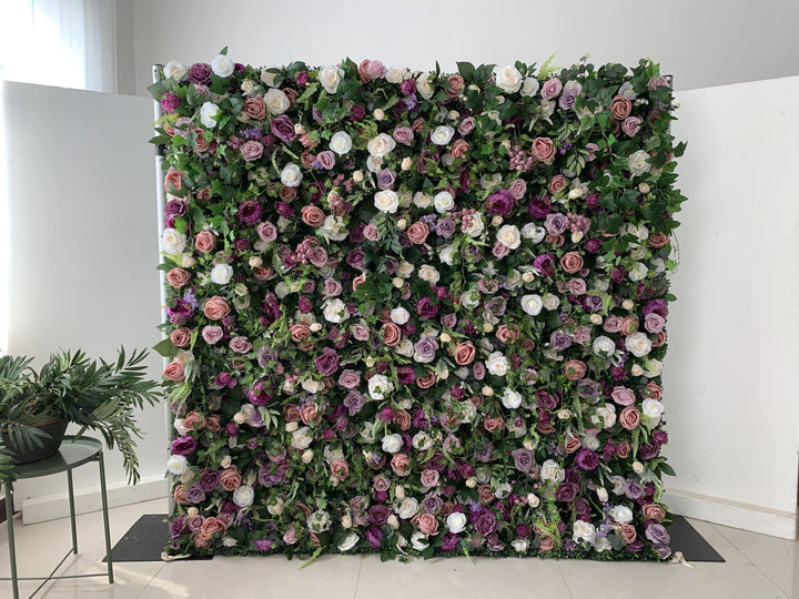 Purple Peonies And Pink Roses And Green Leaves, Artificial Flower Wall Backdrop