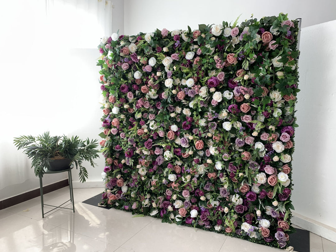Purple Peonies And Pink Roses And Green Leaves, Artificial Flower Wall Backdrop