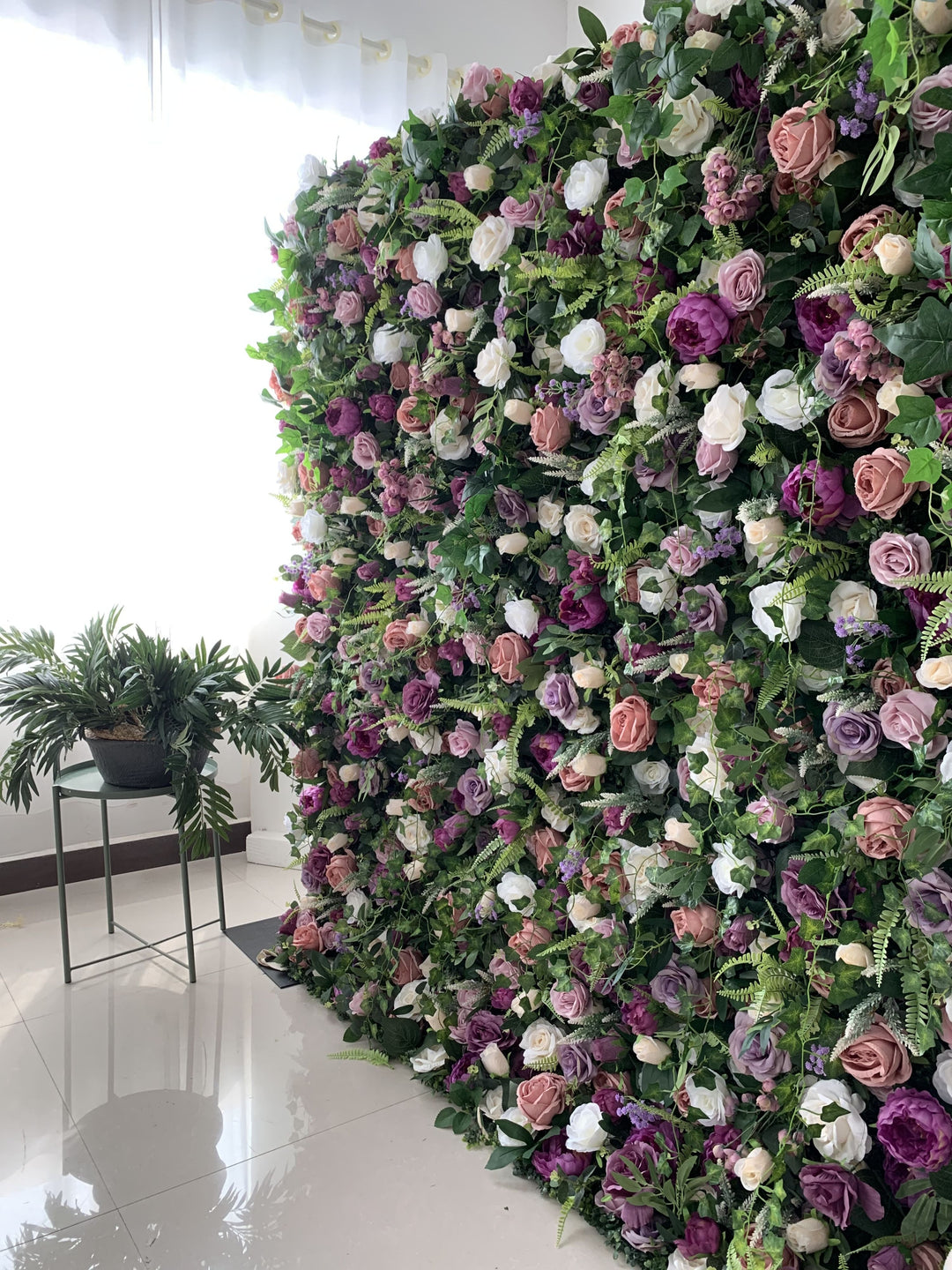 Purple Peonies And Pink Roses And Green Leaves, Artificial Flower Wall Backdrop