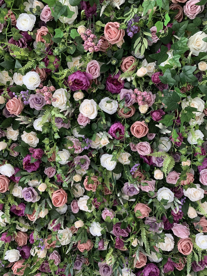 Purple Peonies And Pink Roses And Green Leaves, Artificial Flower Wall Backdrop