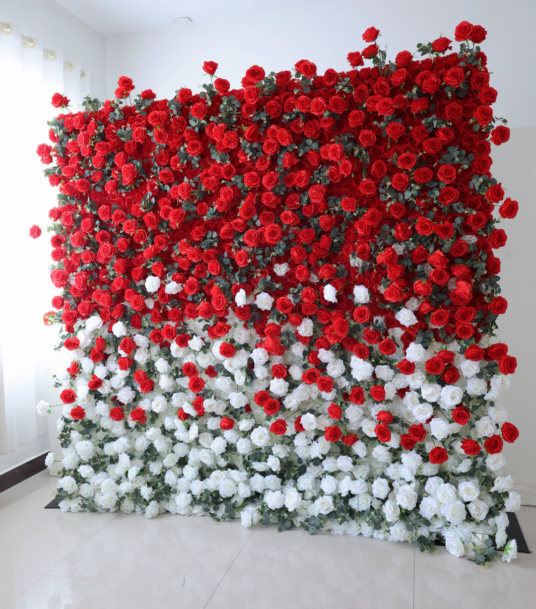 Red And White Roses Gradient, 5D, Fabric Backing Artificial Flower Wall