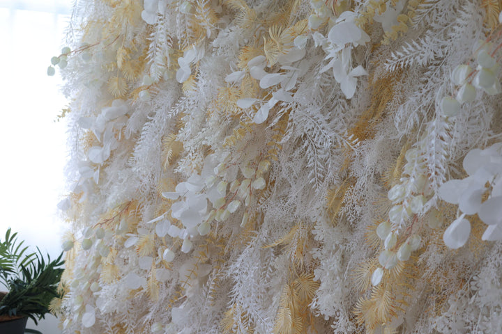 White And Light Yellow Silk Fern And Mixed Grass Wall, Artificial Flower Wall Backdrop