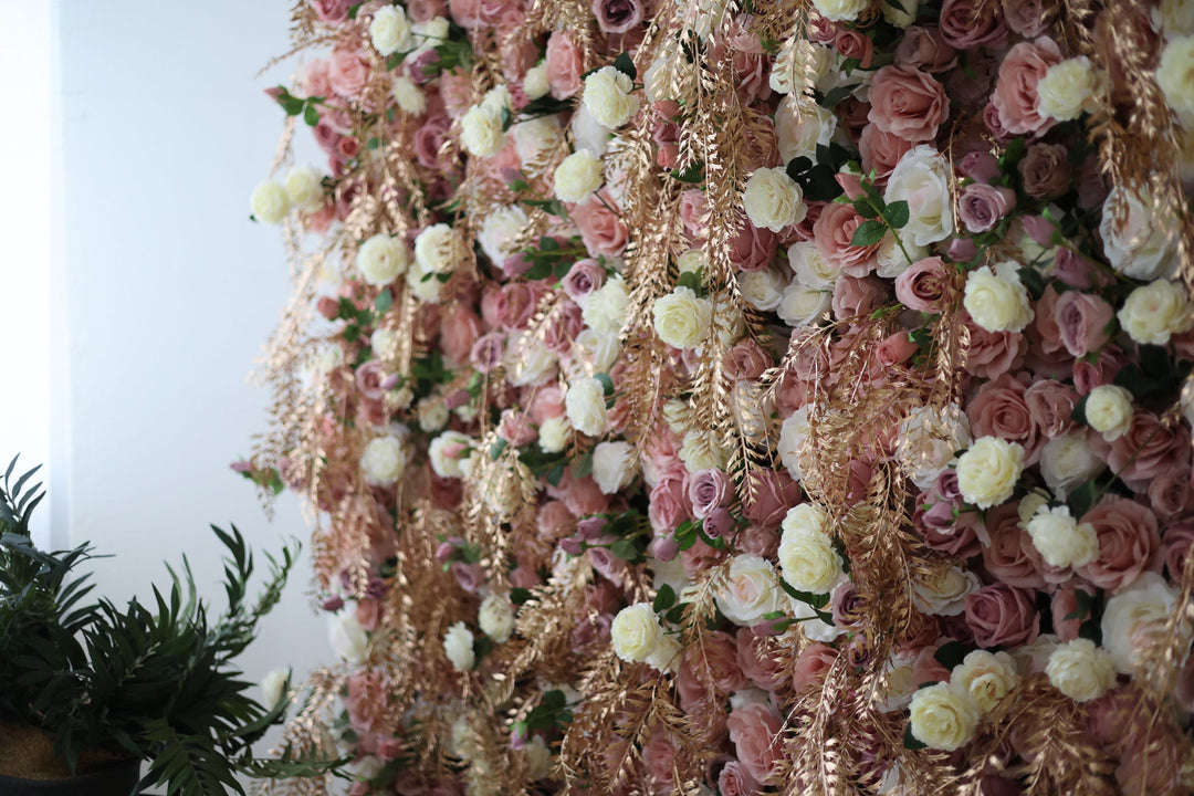 White And Pink Roses And Green Leaves, Artificial Flower Wall, Wedding Party Backdrop