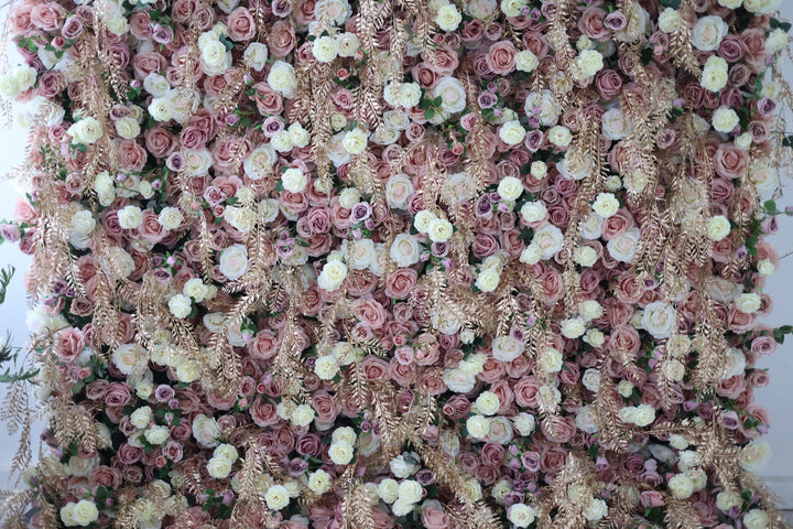 White And Pink Roses And Green Leaves, Artificial Flower Wall, Wedding Party Backdrop