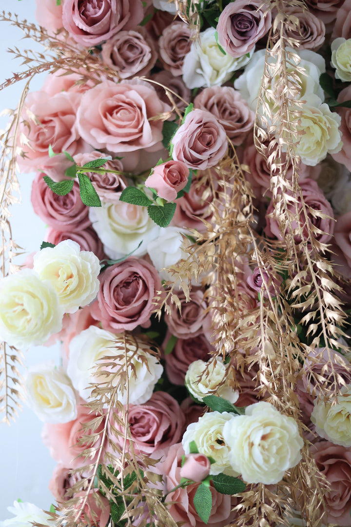 White And Pink Roses And Green Leaves, Artificial Flower Wall, Wedding Party Backdrop