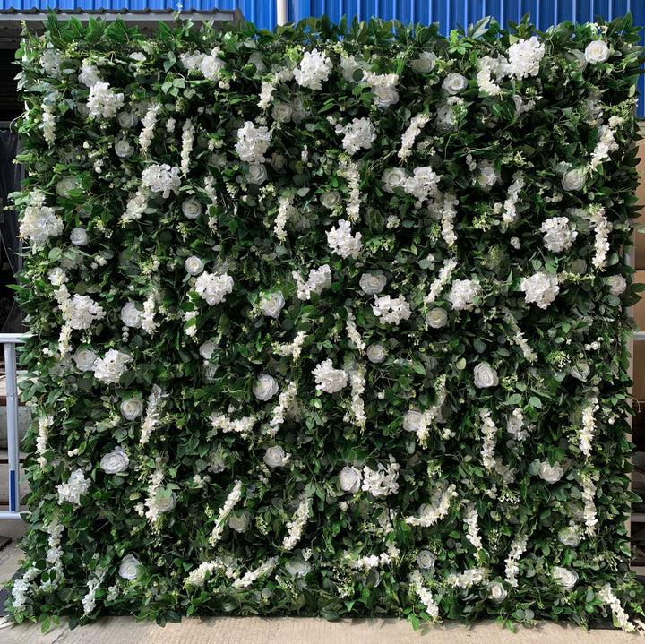 White Roses And Hydrangeas With Green Leaves, Artificial Flower Wall Backdrop