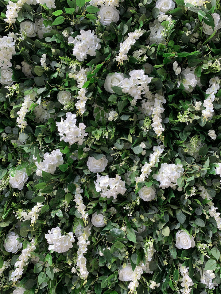 White Roses And Hydrangeas With Green Leaves, Artificial Flower Wall Backdrop