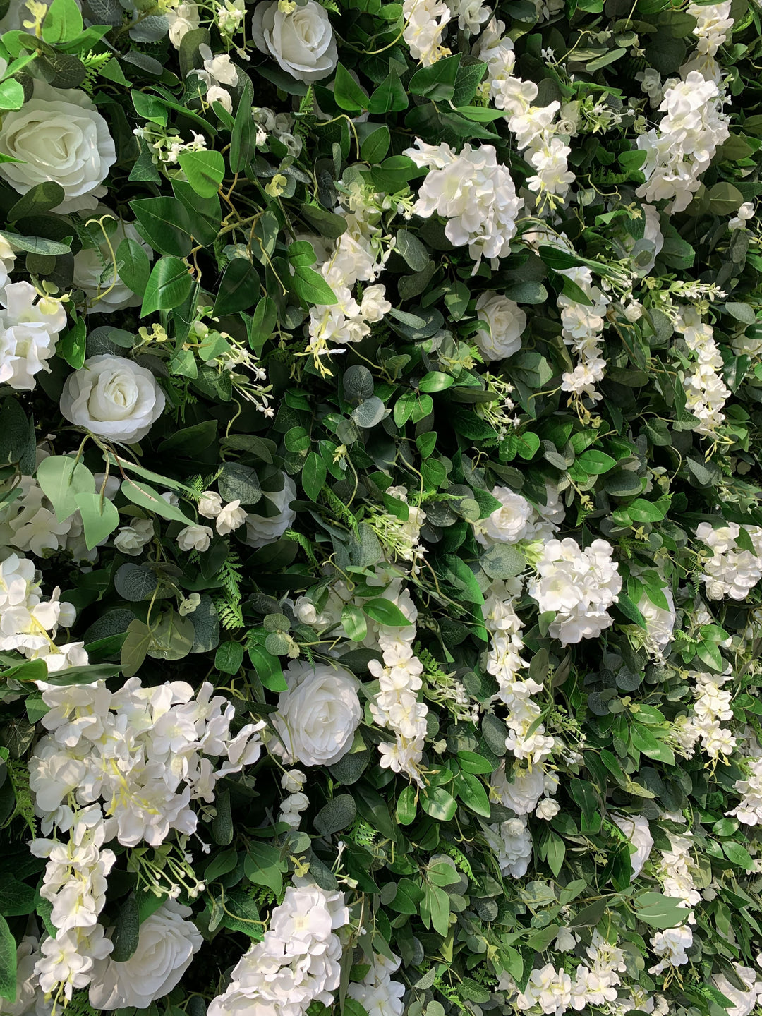 White Roses And Hydrangeas With Green Leaves, Artificial Flower Wall Backdrop