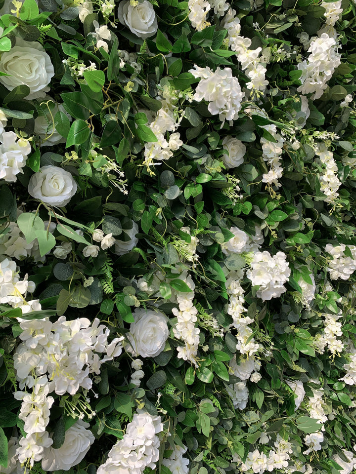 White Roses And Hydrangeas With Green Leaves, Artificial Flower Wall Backdrop