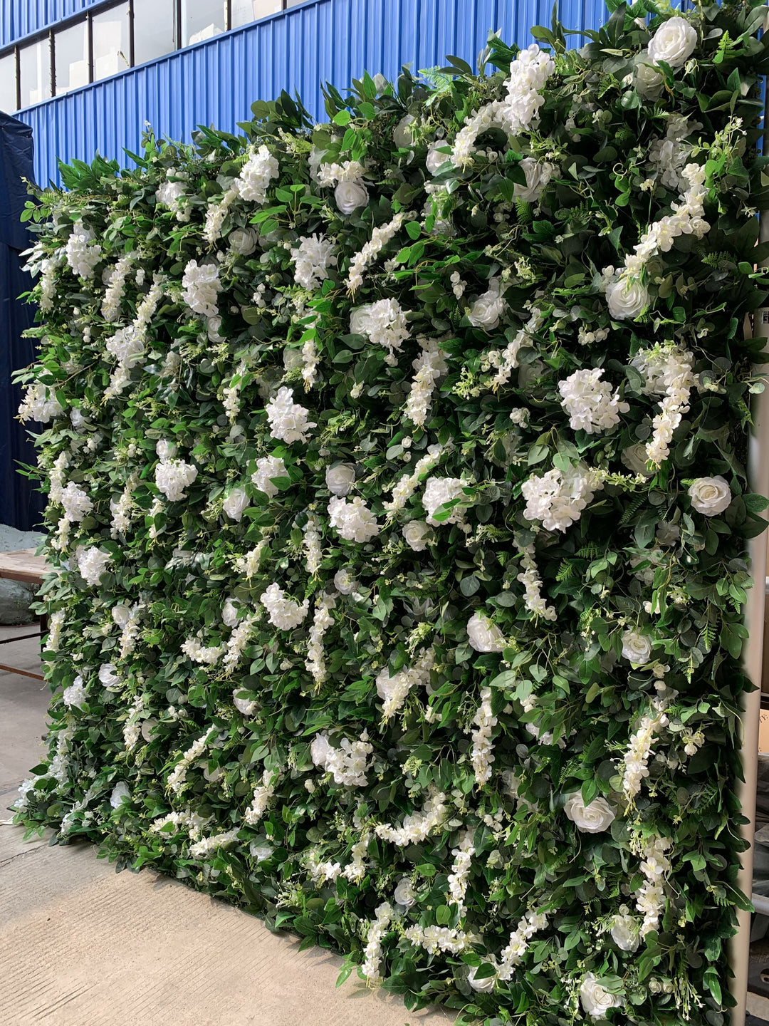 White Roses And Hydrangeas With Green Leaves, Artificial Flower Wall Backdrop