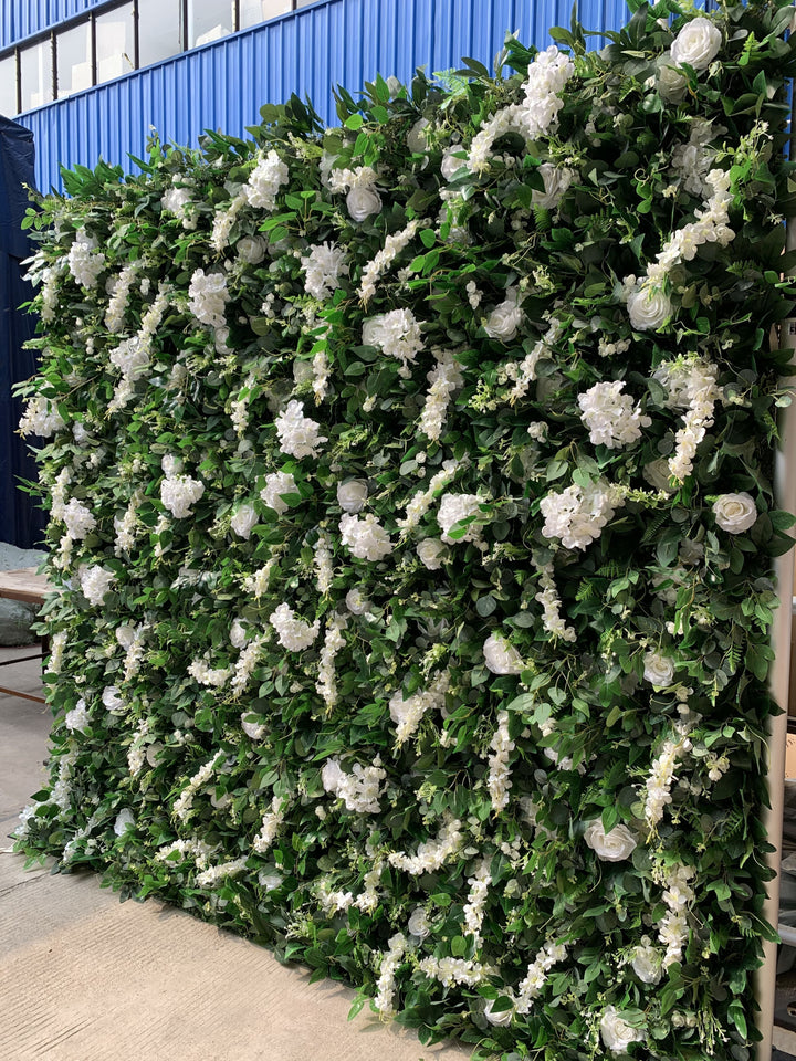 White Roses And Hydrangeas With Green Leaves, Artificial Flower Wall Backdrop