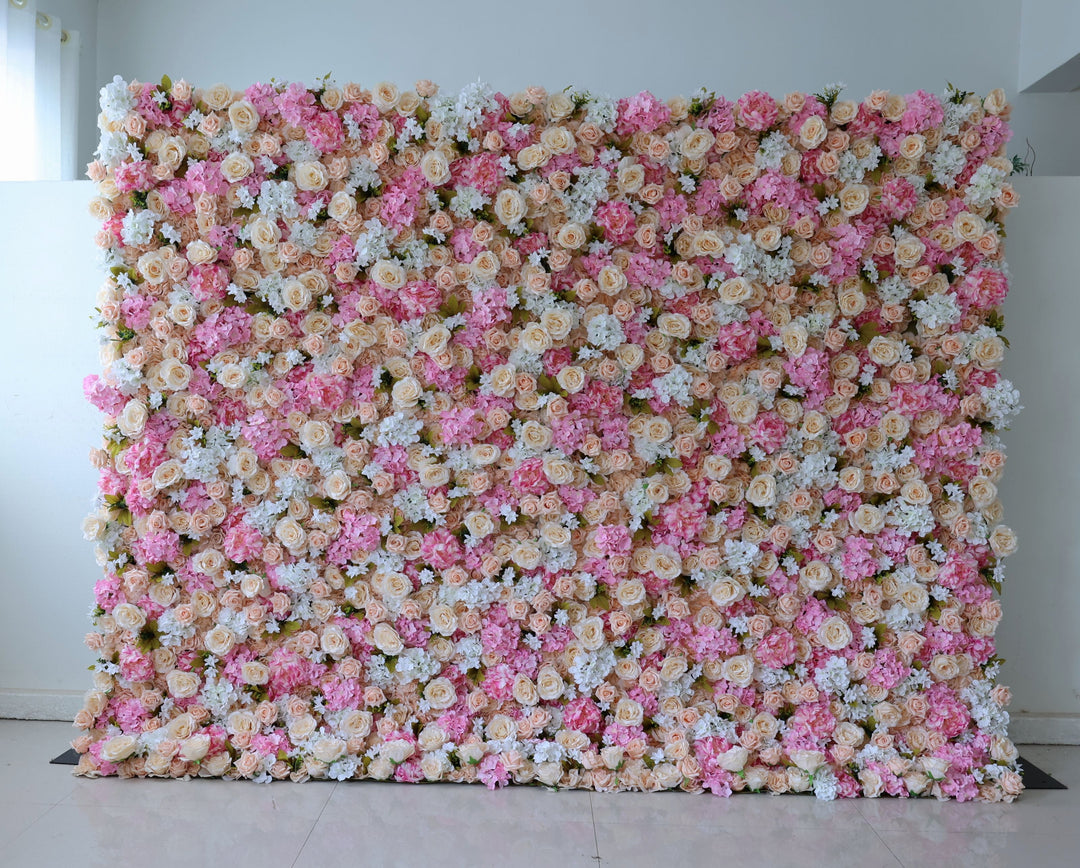 Beige And Pink Roses With Hydrangeas, 3D, Fabric Backing Artificial Flower Wall