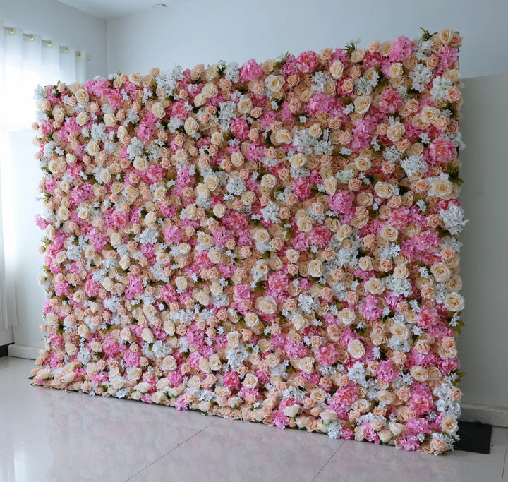 Beige And Pink Roses With Hydrangeas, 3D, Fabric Backing Artificial Flower Wall
