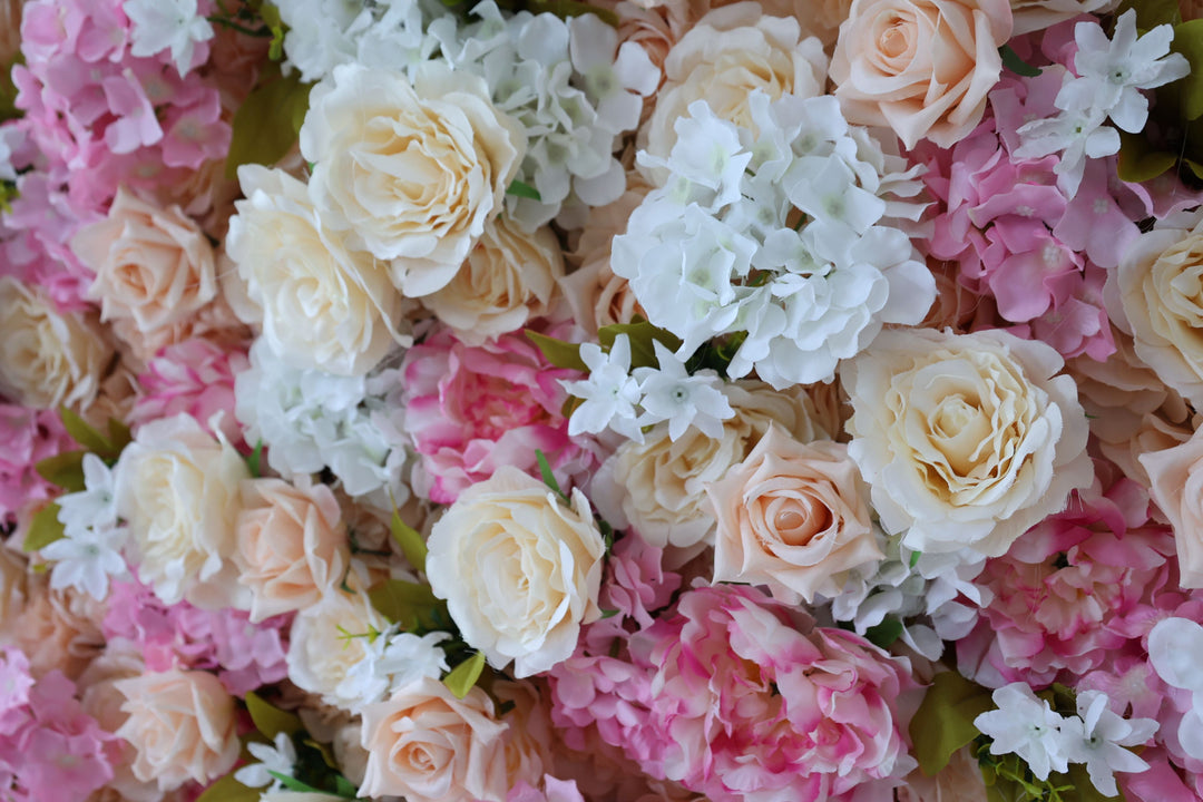 Beige And Pink Roses With Hydrangeas, 3D, Fabric Backing Artificial Flower Wall
