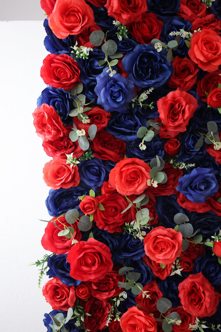 Blue And Red Roses And Green Leaves, Artificial Flower Wall, Wedding Party Backdrop