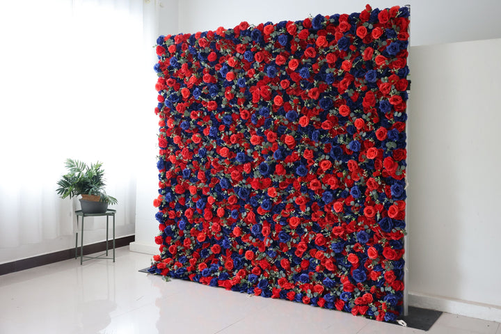 Blue And Red Roses And Green Leaves, Artificial Flower Wall, Wedding Party Backdrop