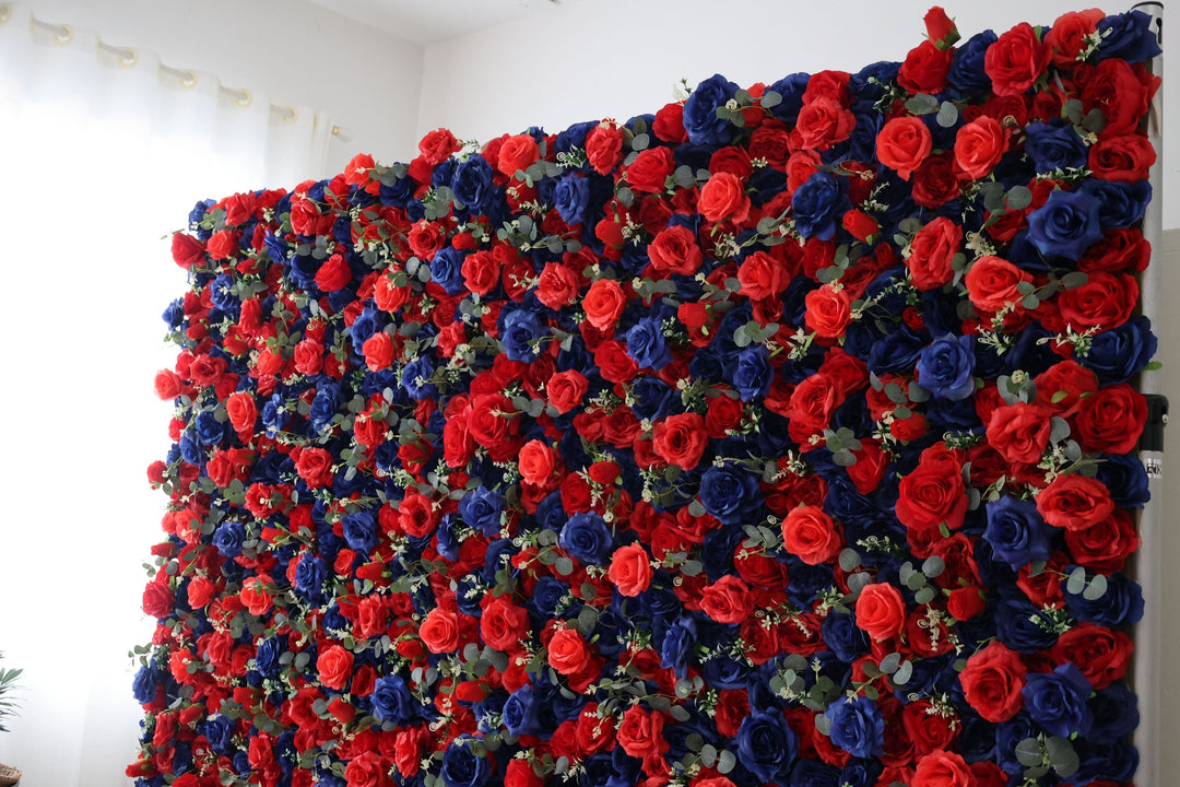 Blue And Red Roses And Green Leaves, Artificial Flower Wall, Wedding Party Backdrop