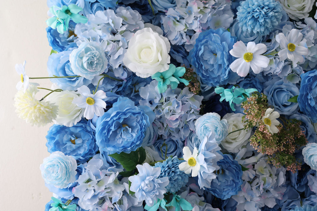 Blue Roses And Hydrangeas And Lasagna Daisies, Artificial Flower Wall, Wedding Party Backdrop