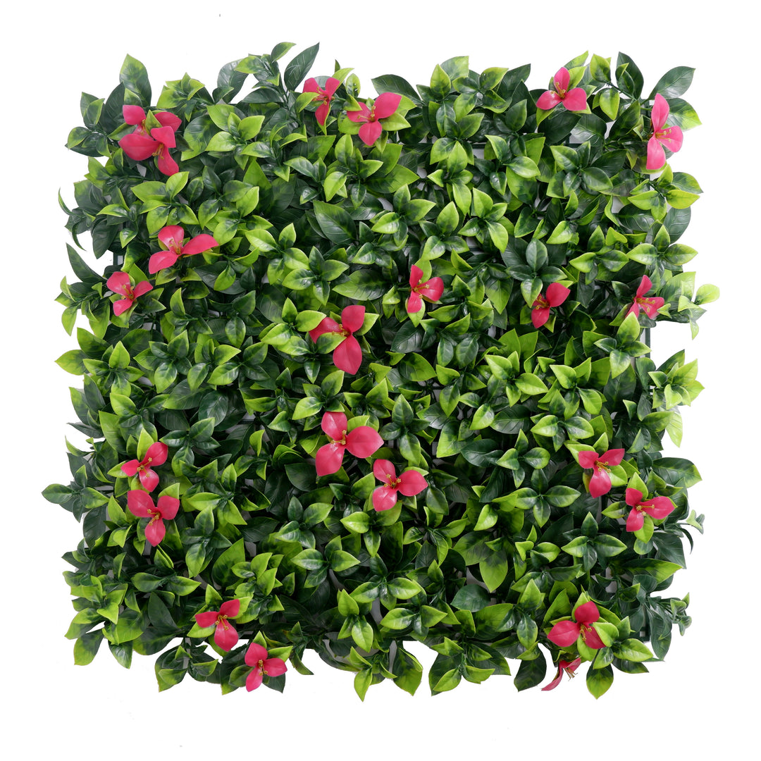 Gardenia Leaves With Magenta Flowers Artificial Green Wall Panels, Faux Plant Wall