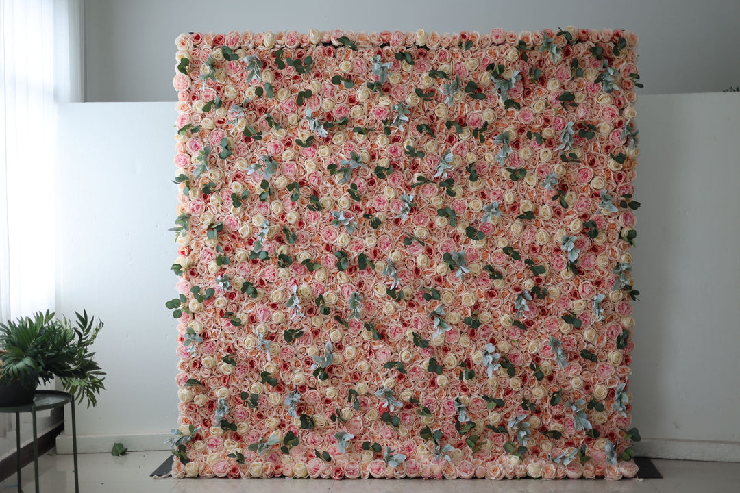 Light Yellow And Pink Roses With Green Leaves, Artificial Flower Wall Backdrop