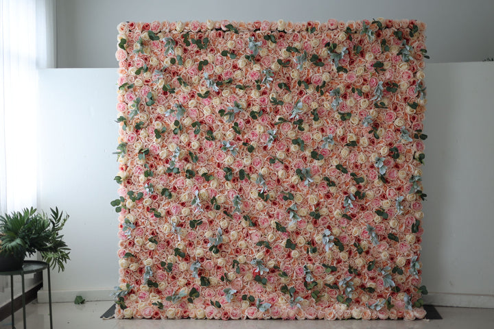Light Yellow And Pink Roses With Green Leaves, Artificial Flower Wall Backdrop