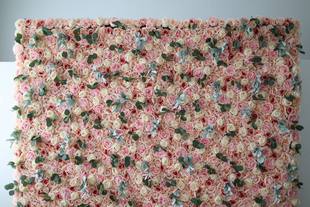 Light Yellow And Pink Roses With Green Leaves, Artificial Flower Wall Backdrop