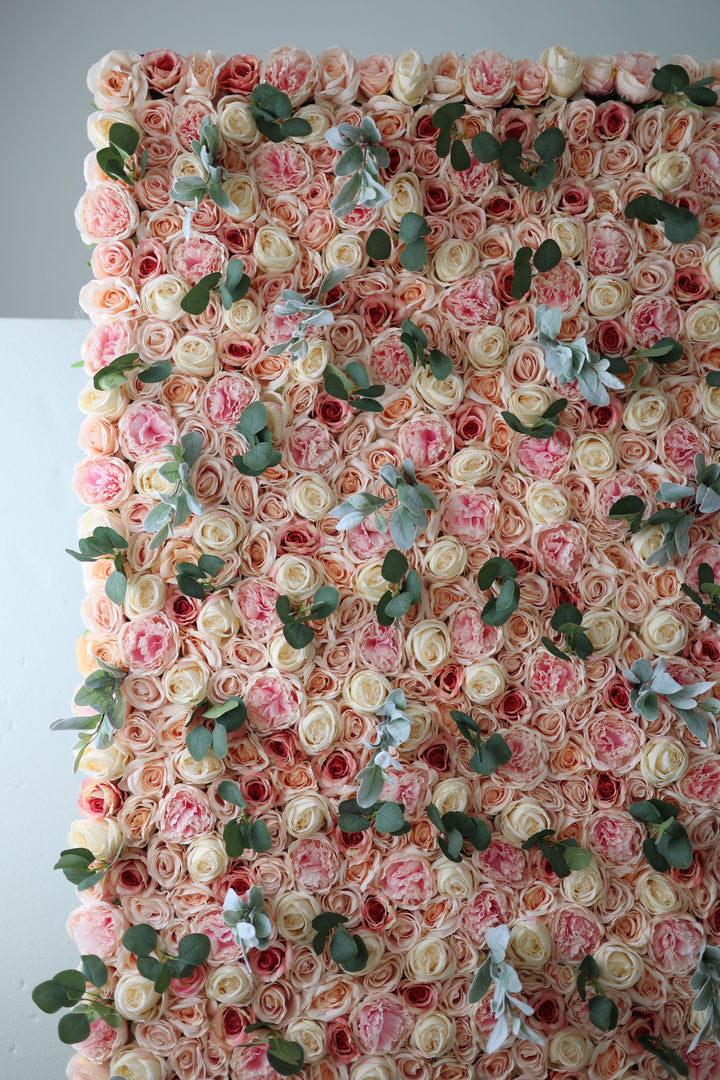 Light Yellow And Pink Roses With Green Leaves, Artificial Flower Wall Backdrop