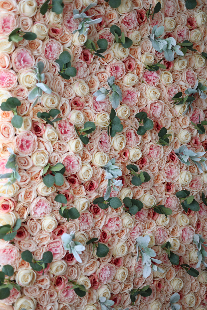 Light Yellow And Pink Roses With Green Leaves, Artificial Flower Wall Backdrop